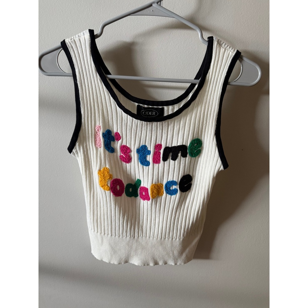 Cider Womens It's Time To Dance Ribbed Knit Crop Tank Top Cream Multi Size M NWT